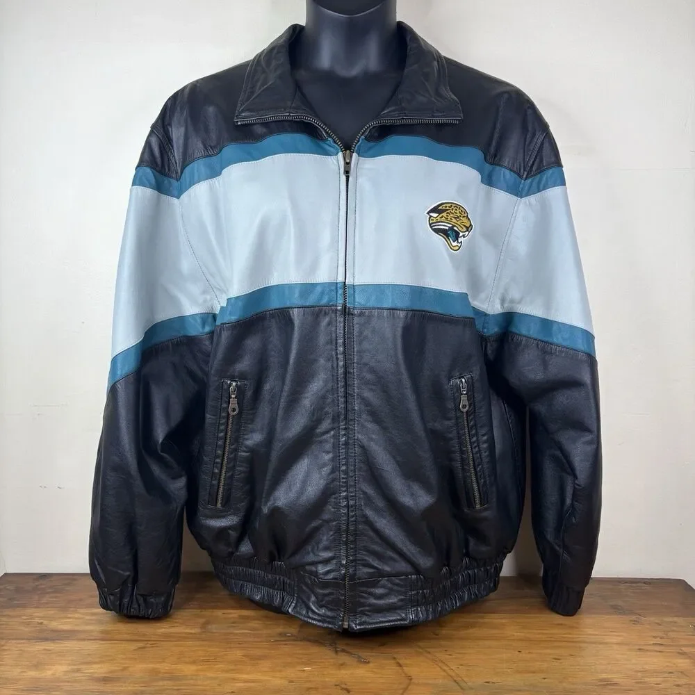 Vtg. 90s Reebok NFL Jacksonville Jaguars Large Leather Bomber Jacket Zip Boxy